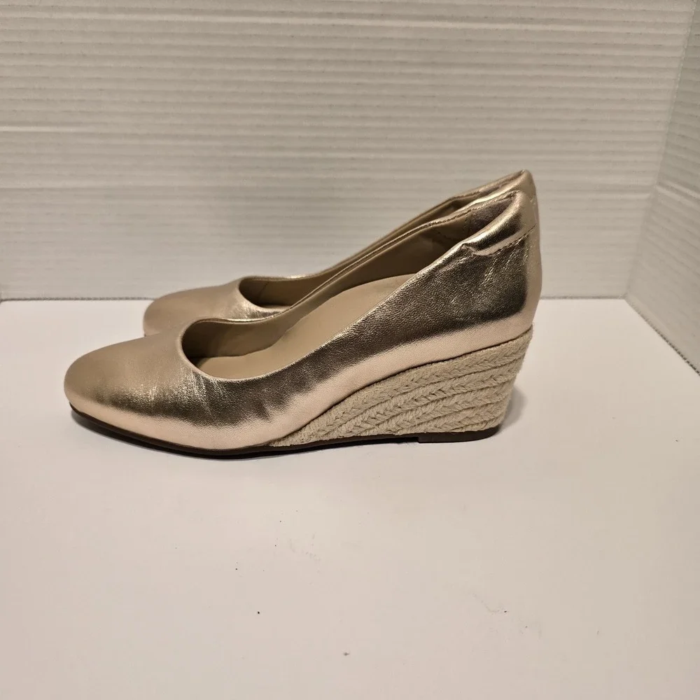 ABEO Espadrille Wedge Pumps Metallic Gold Leather Round Toe‎ Shoes Size 5
